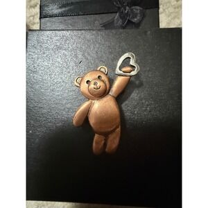 Cute Teddy Bear Pin Brooch Heart Charm Copper Tone Vintage Accessory Gift